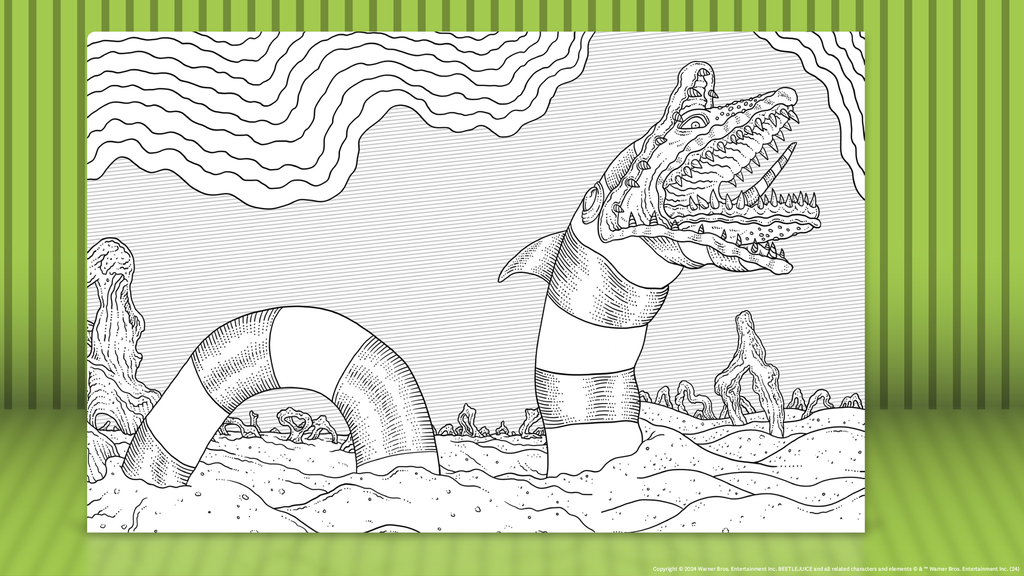 A page from the Beetlejuice Adult Coloring Book featuring a sandworm.