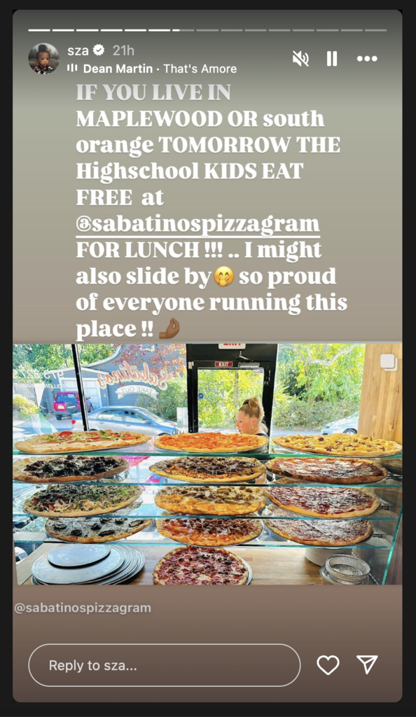 SZA Instagram Story offering free lunch for her old high school