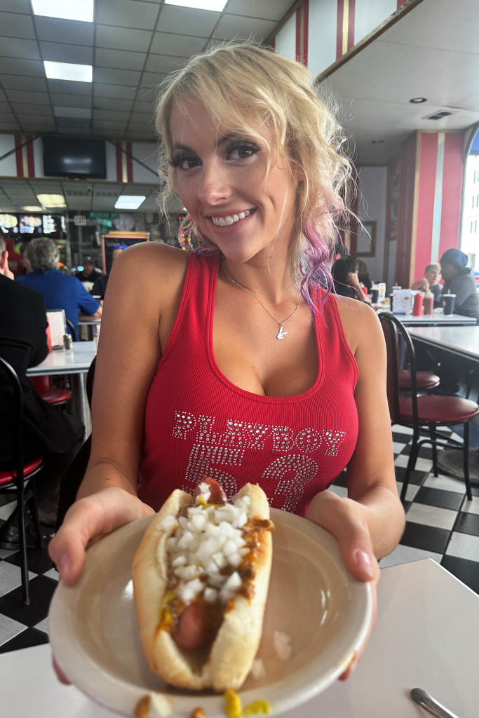 Griffin Maria enjoying lunch at American Coney Island Chili Dogs in Detroit Michigan.