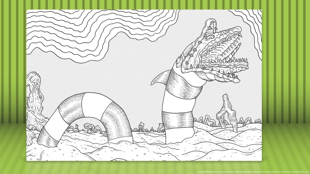 A page from the Beetlejuice Adult Coloring Book featuring a sandworm.