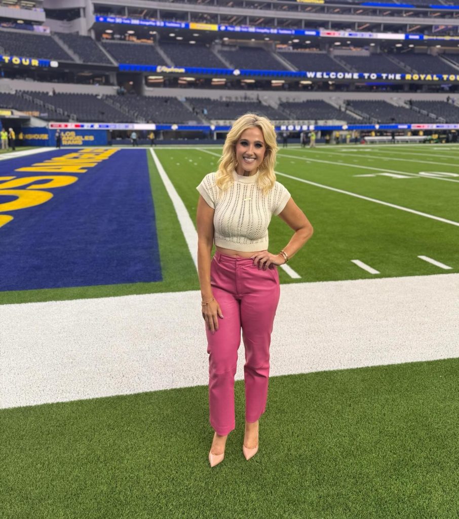 Tracy Sandler of Fangirl Sports Network on the sidelines of SoFi Stadium before a game between the 49ers and Rams.